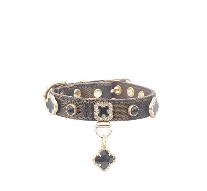 Collier Trèfle Porte-Bonheur pour Chat et Chien - Cuir Ajustable